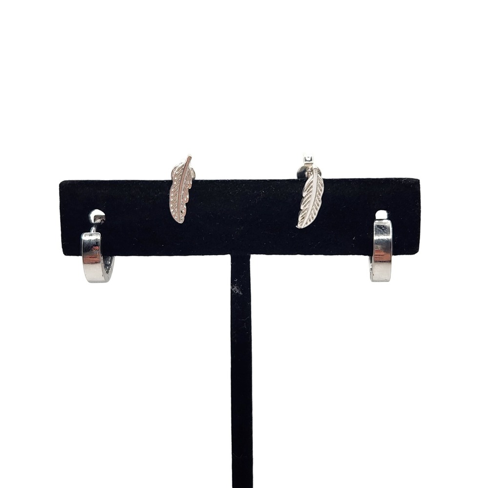 Silver Tone Feather and Hoop Earrings Set of 2 Womens Fashion Jewelry‎